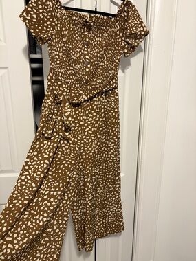 Brown & White Printed Off-Shoulder Jumpsuit